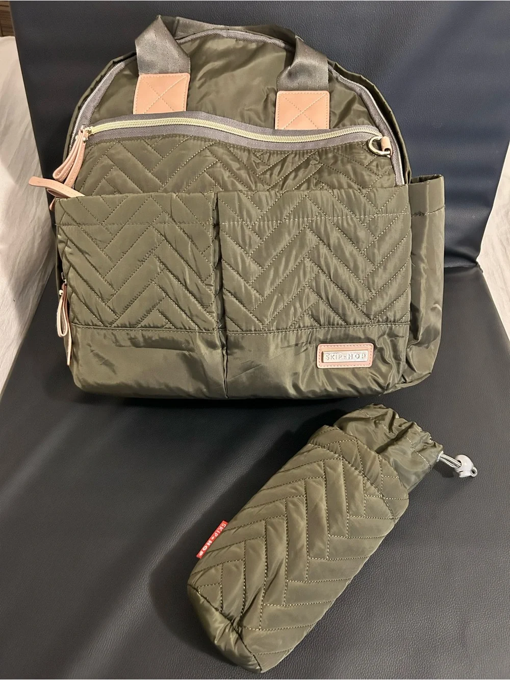 Skip Hop Olive Quilted Convertible Backpack with Tan Accents